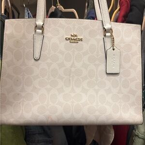 COACH Cream/White Signature Canvas Tote with Gold Hardware